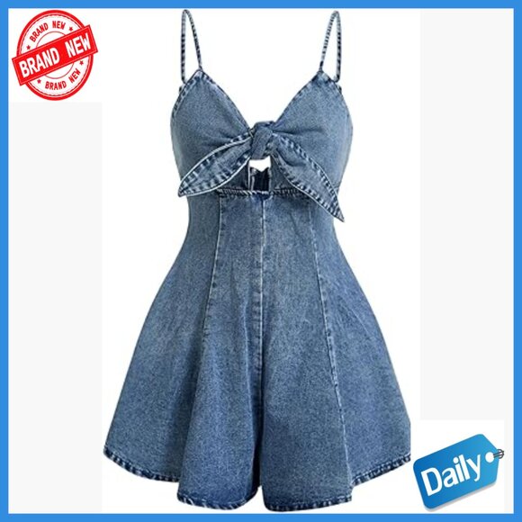 Vintage Bowknot Spaghetti Strap Denim Romper Jumpsuit Wide Leg Casual